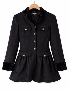 Junior Gaultier Black Peplum Pea Coat with Velvet Trim Size 8 Luxury Classic